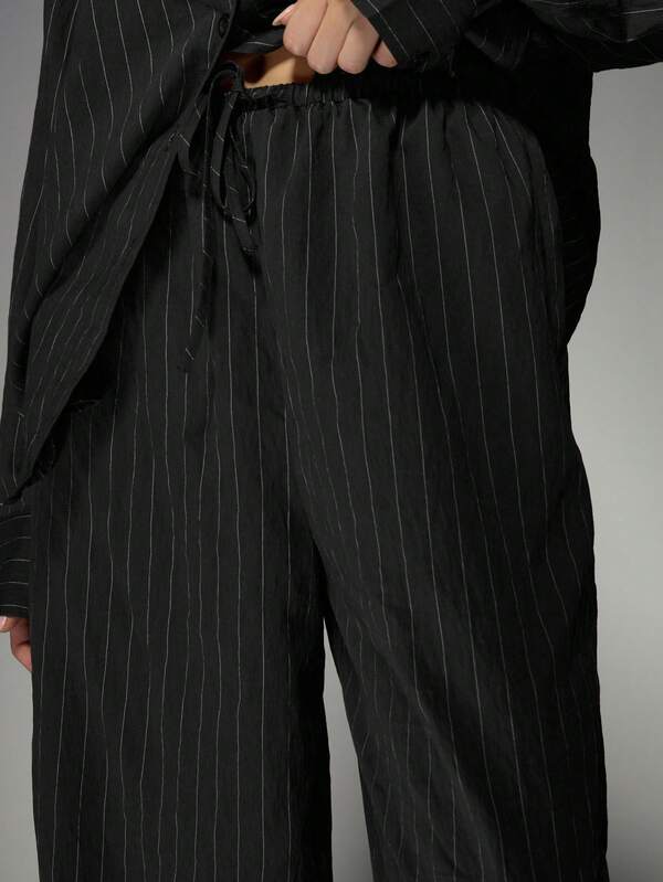 Missguided MISSGUIDED Pinstripe Linen Wide Leg Trouser Shirt Co Ord Two Piece Outfit