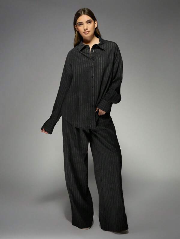 missguided MISSGUIDED Pinstripe Linen Wide Leg Trouser Shirt Co Ord Two Piece Outfit