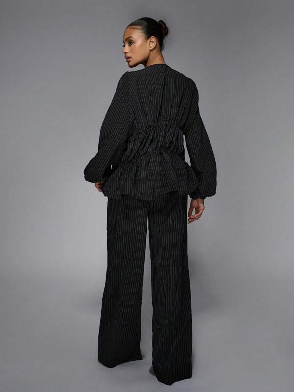 Missguided MISSGUIDED Pinstripe Long Sleeve Ruched Blouse Wide Leg Pants Two-Piece Outfits
