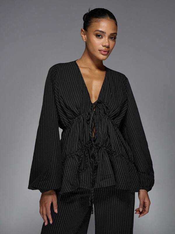 Missguided MISSGUIDED Pinstripe Long Sleeve Ruched Blouse Wide Leg Pants Two-Piece Outfits