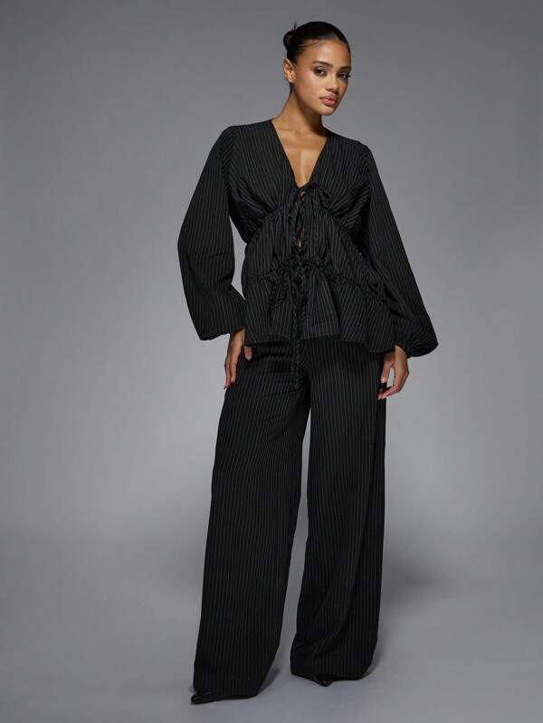 missguided MISSGUIDED Pinstripe Long Sleeve Ruched Blouse Wide Leg Pants Two-Piece Outfits