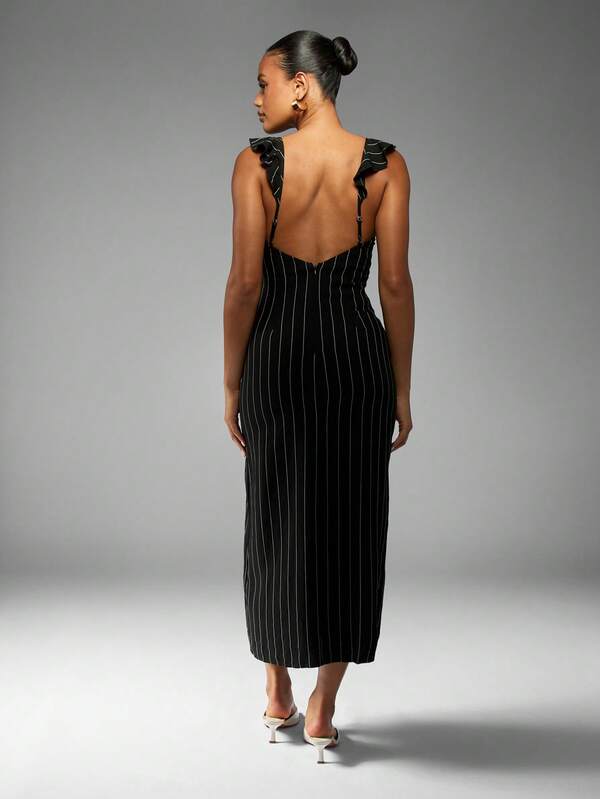 Missguided MISSGUIDED Pinstripe Midaxi Dress With Ruffle Straps Front Tie
