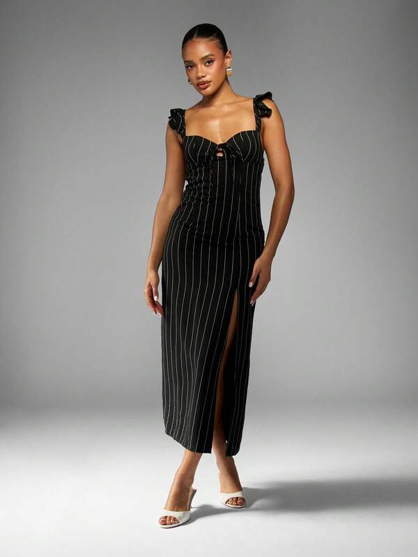 missguided MISSGUIDED Pinstripe Midaxi Dress With Ruffle Straps Front Tie