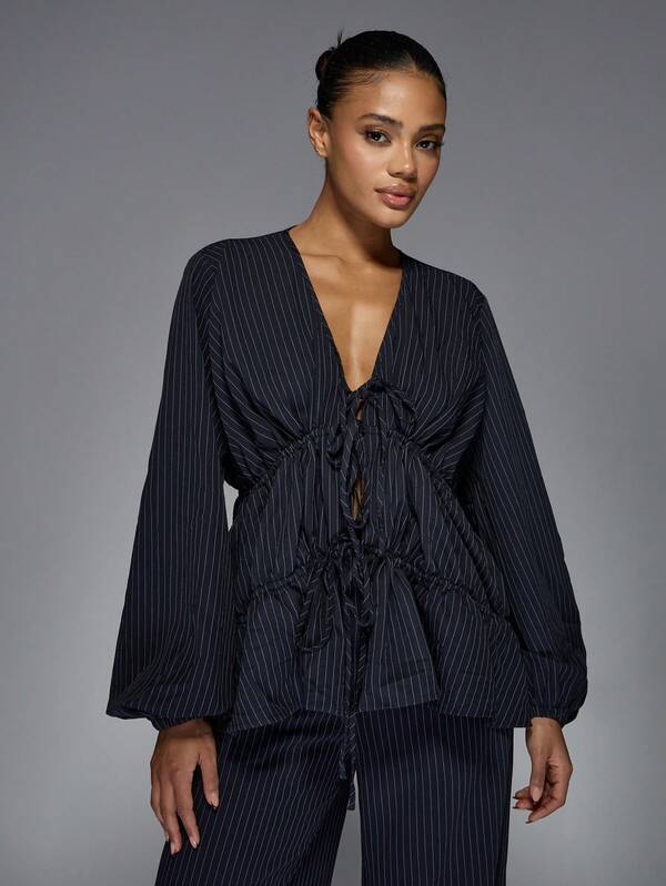 Missguided MISSGUIDED Pinstripe Peplum Blouse And Wide Leg Trouser Set