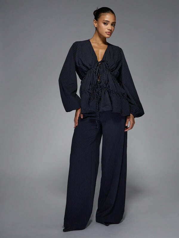 missguided MISSGUIDED Pinstripe Peplum Blouse And Wide Leg Trouser Set