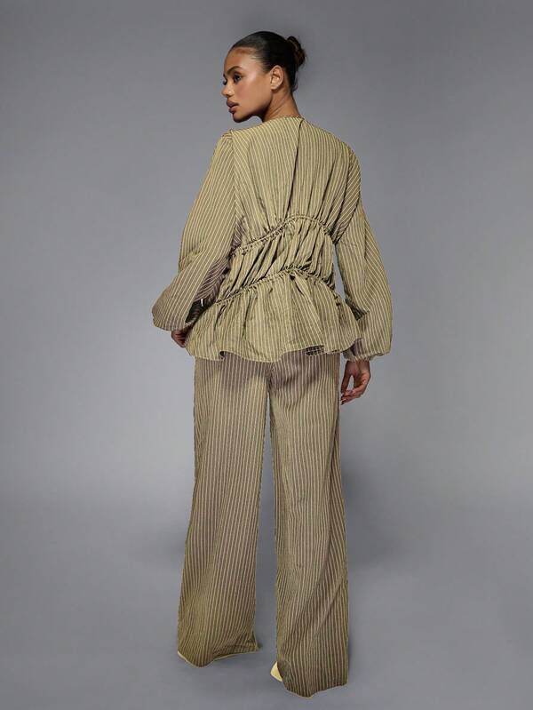 Missguided MISSGUIDED Pinstripe Peplum Top And Wide Leg Pants With Ruched Detail