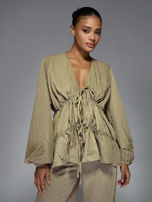 Missguided MISSGUIDED Pinstripe Peplum Top And Wide Leg Pants With Ruched Detail