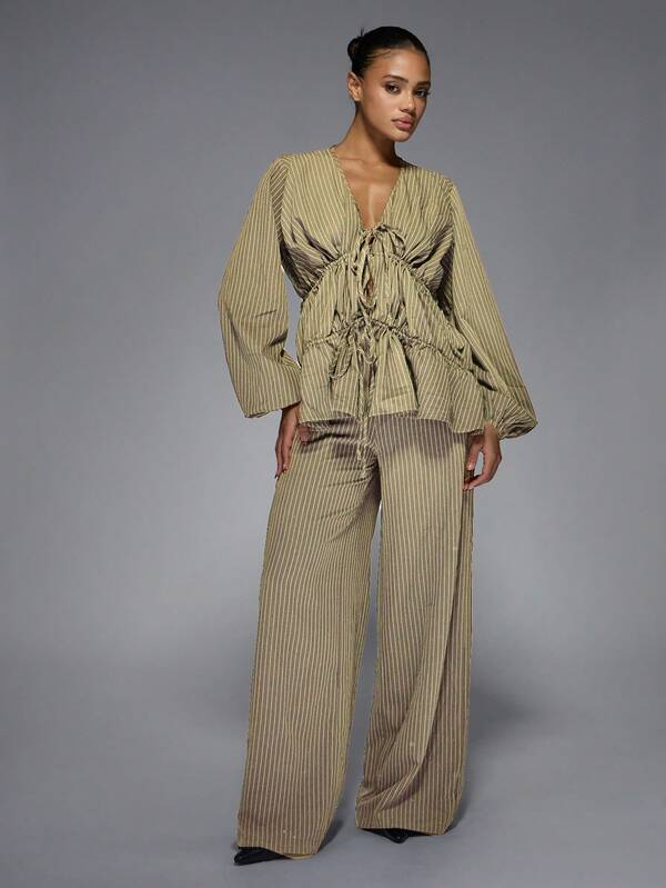 missguided MISSGUIDED Pinstripe Peplum Top And Wide Leg Pants With Ruched Detail