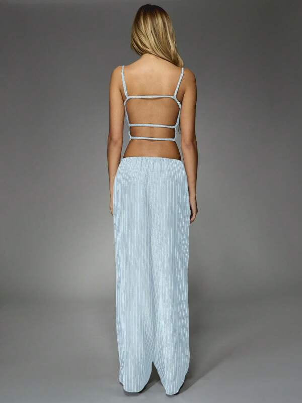 Missguided MISSGUIDED Pinstripe Tailored Strappy Crop Top And Wide Leg Pants Two Piece Co Ord Set