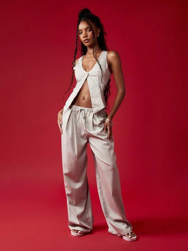 missguided MISSGUIDED Pinstripe Waistcoat Wide Leg Pants Suit Set
