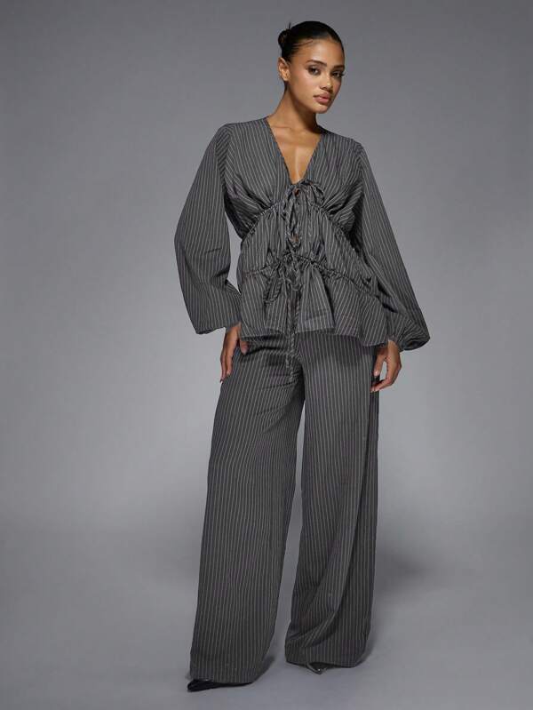 missguided MISSGUIDED Pinstripe Wide Leg Pants Blazer Set