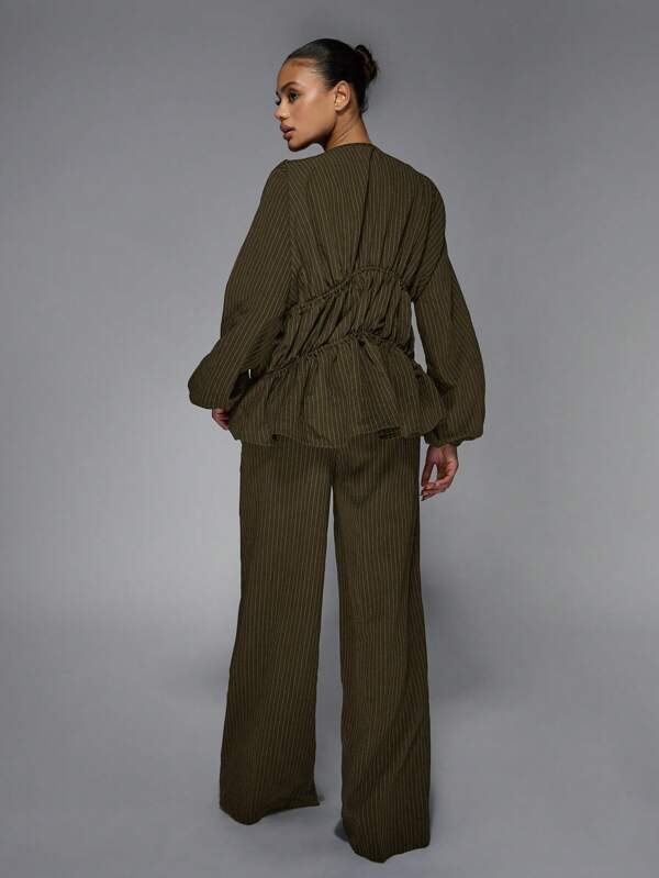 Missguided MISSGUIDED Pinstripe Wide Leg Ruched Top Two Piece Outfit