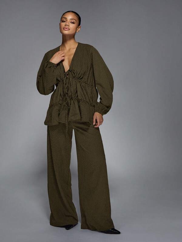 Missguided MISSGUIDED Pinstripe Wide Leg Ruched Top Two Piece Outfit