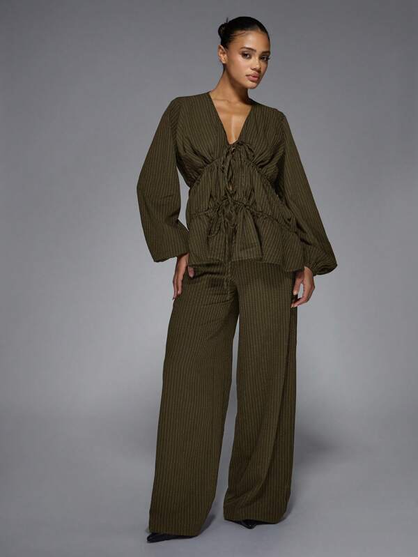 missguided MISSGUIDED Pinstripe Wide Leg Ruched Top Two Piece Outfit