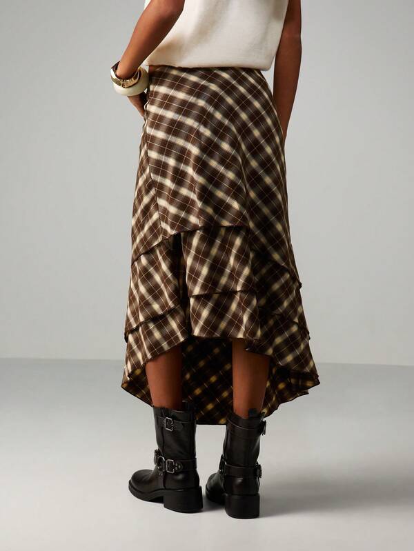 Missguided MISSGUIDED Plaid Asymmetric Ruffle Midi Skirt