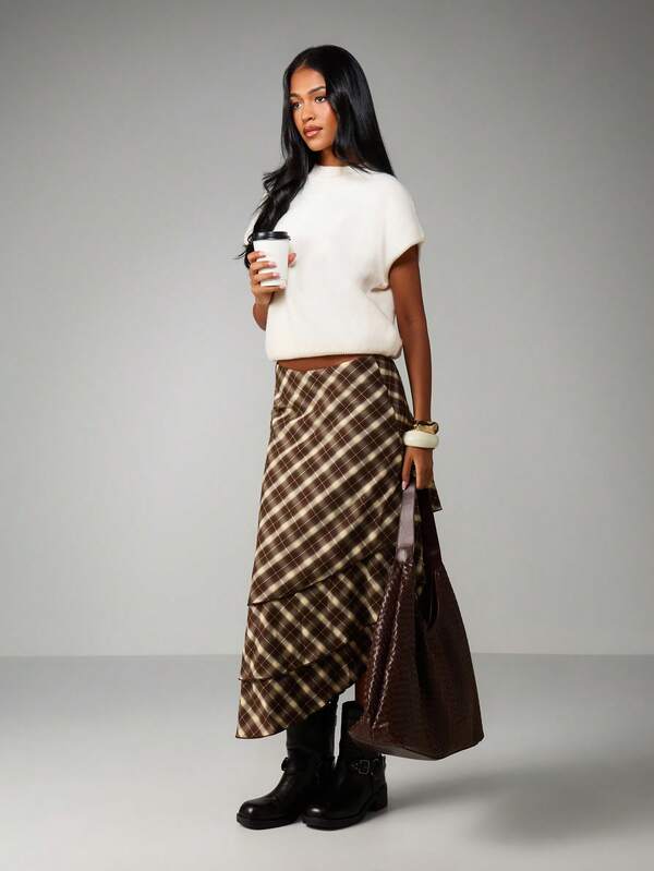 Missguided MISSGUIDED Plaid Asymmetric Ruffle Midi Skirt