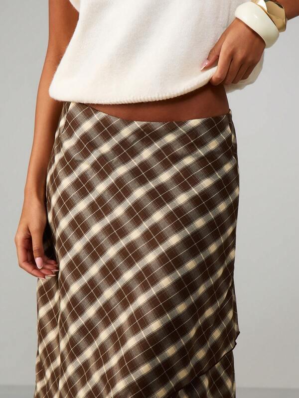 Missguided MISSGUIDED Plaid Asymmetric Ruffle Midi Skirt