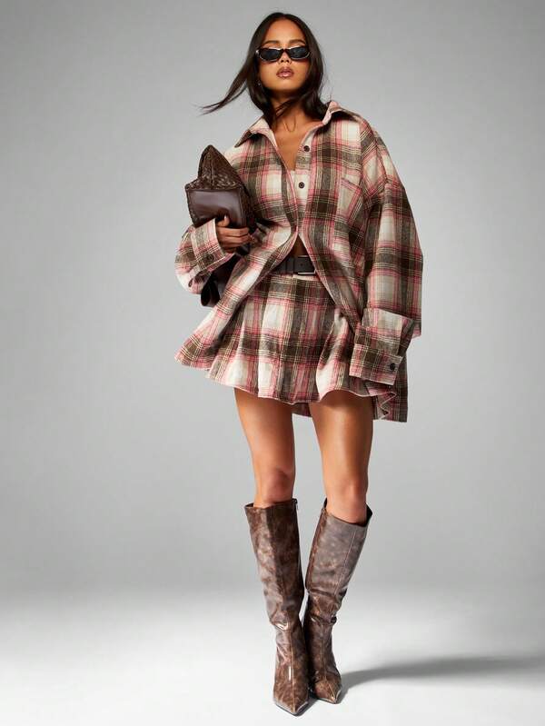 Missguided MISSGUIDED Plaid Button Down Shirt With Matching Pleated Skirt