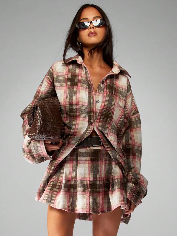 missguided MISSGUIDED Plaid Button Down Shirt With Matching Pleated Skirt