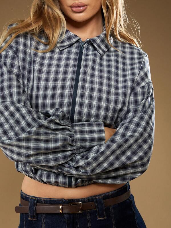 Missguided MISSGUIDED Plaid Collared Shirt With Zip Front
