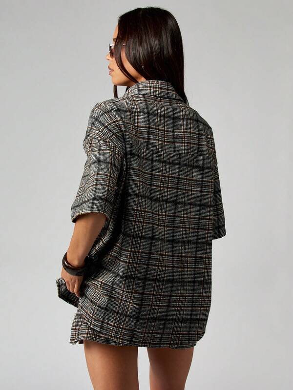 Missguided MISSGUIDED Plaid Cropped Collared Shirt With Mini Skirt