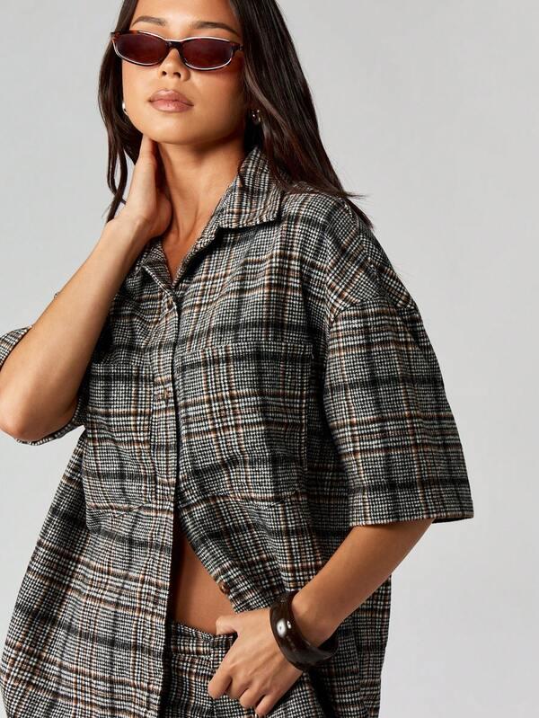 Missguided MISSGUIDED Plaid Cropped Collared Shirt With Mini Skirt