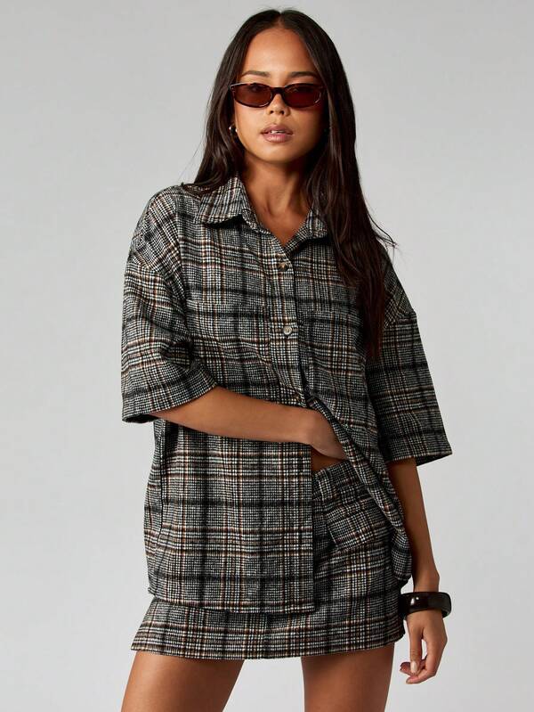 missguided MISSGUIDED Plaid Cropped Collared Shirt With Mini Skirt