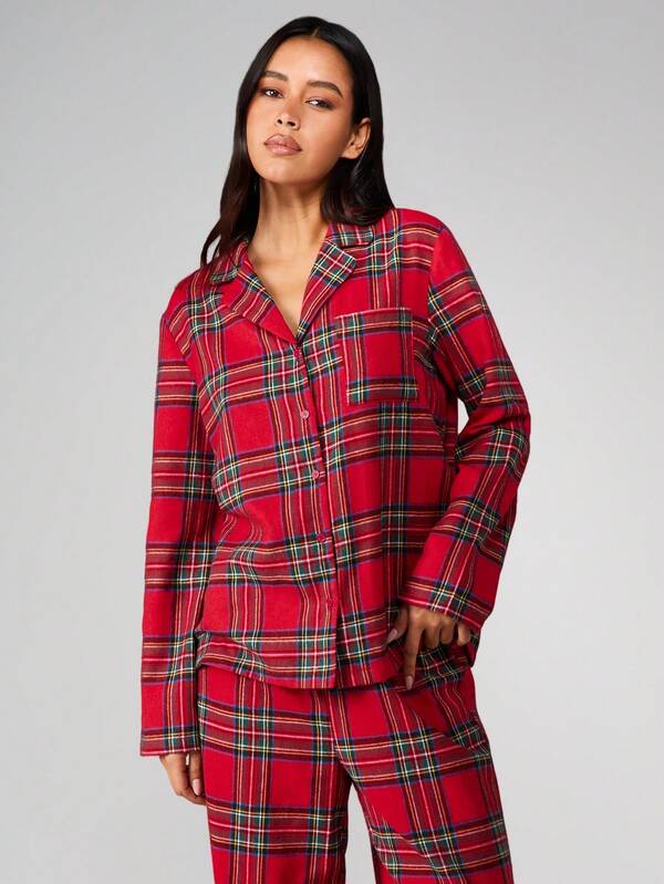Missguided MISSGUIDED Plaid Flannel Button Up Pajama Set