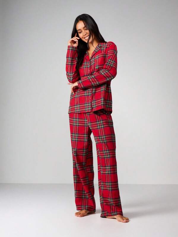 Missguided MISSGUIDED Plaid Flannel Button Up Pajama Set