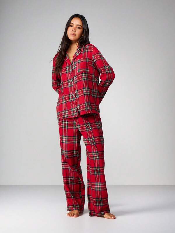 missguided MISSGUIDED Plaid Flannel Button Up Pajama Set