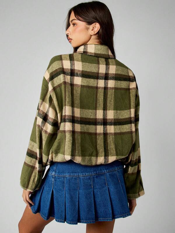 Missguided MISSGUIDED Plaid Fleece Bomber Jacket With Zip Front