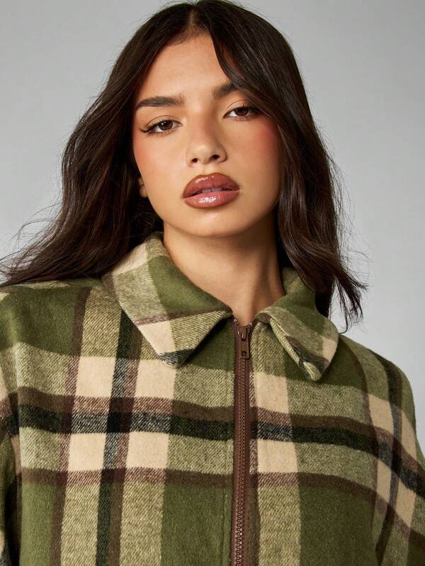 Missguided MISSGUIDED Plaid Fleece Bomber Jacket With Zip Front