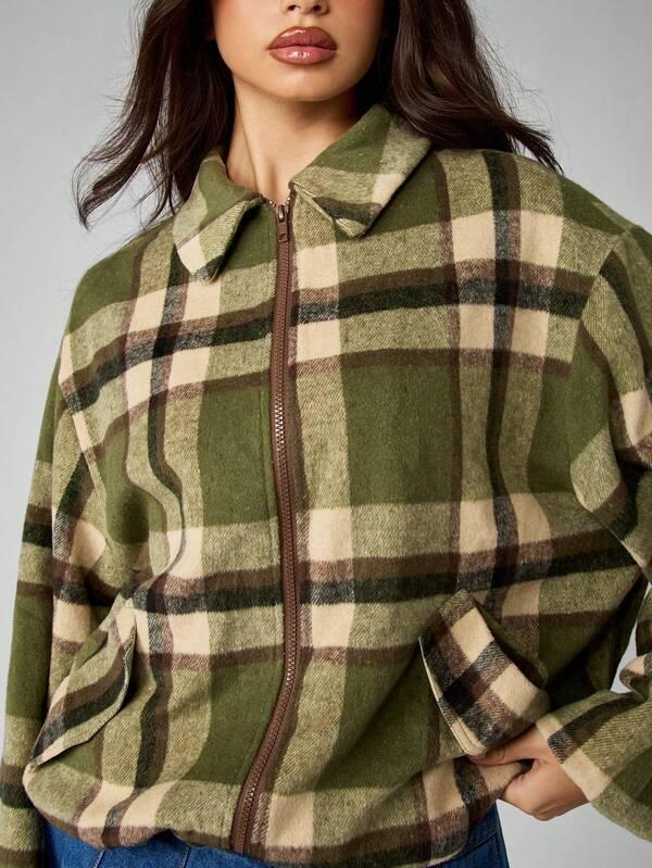 Missguided MISSGUIDED Plaid Fleece Bomber Jacket With Zip Front