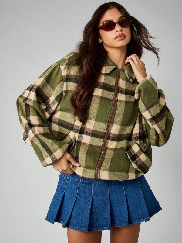 missguided MISSGUIDED Plaid Fleece Bomber Jacket With Zip Front