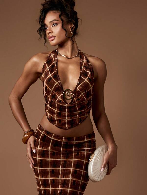 Missguided MISSGUIDED Plaid Halter Ring Detail Two-Piece Outfit Set