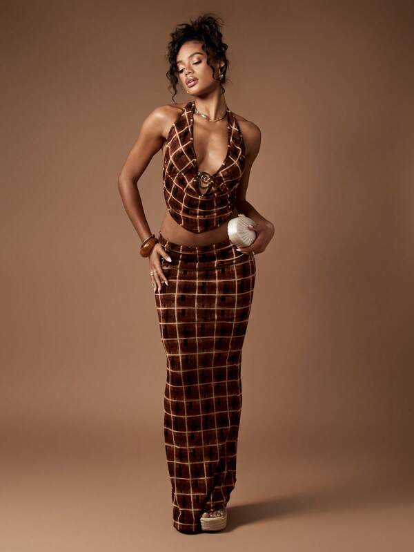 missguided MISSGUIDED Plaid Halter Ring Detail Two-Piece Outfit Set