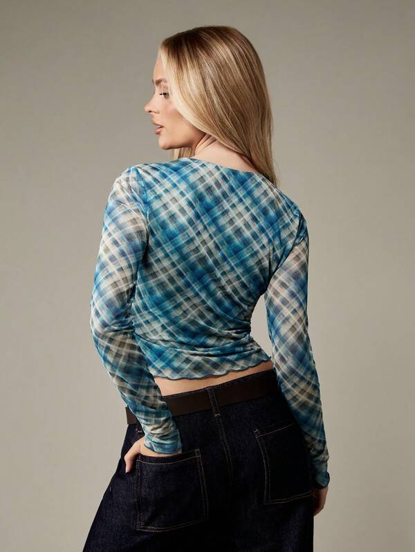 Missguided MISSGUIDED Plaid Mesh Long Sleeve Crop Top With Lettuce Edge