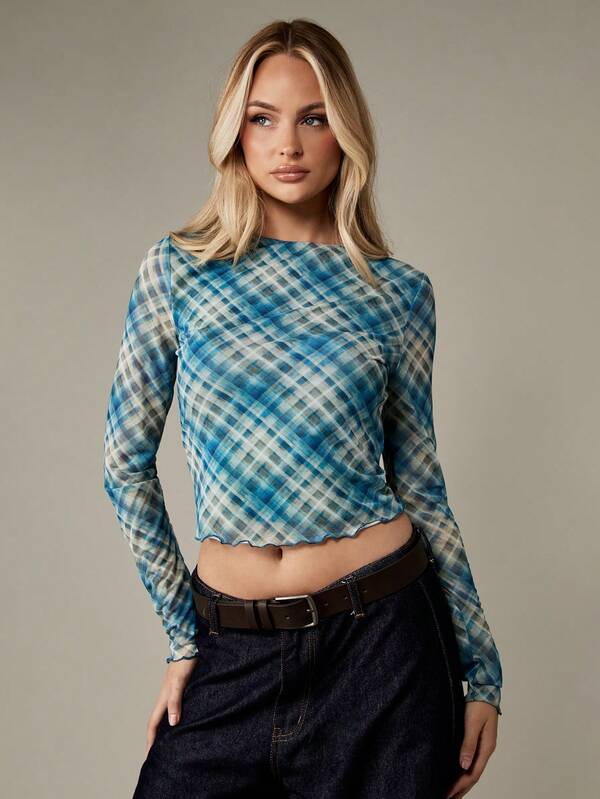 Missguided MISSGUIDED Plaid Mesh Long Sleeve Crop Top With Lettuce Edge