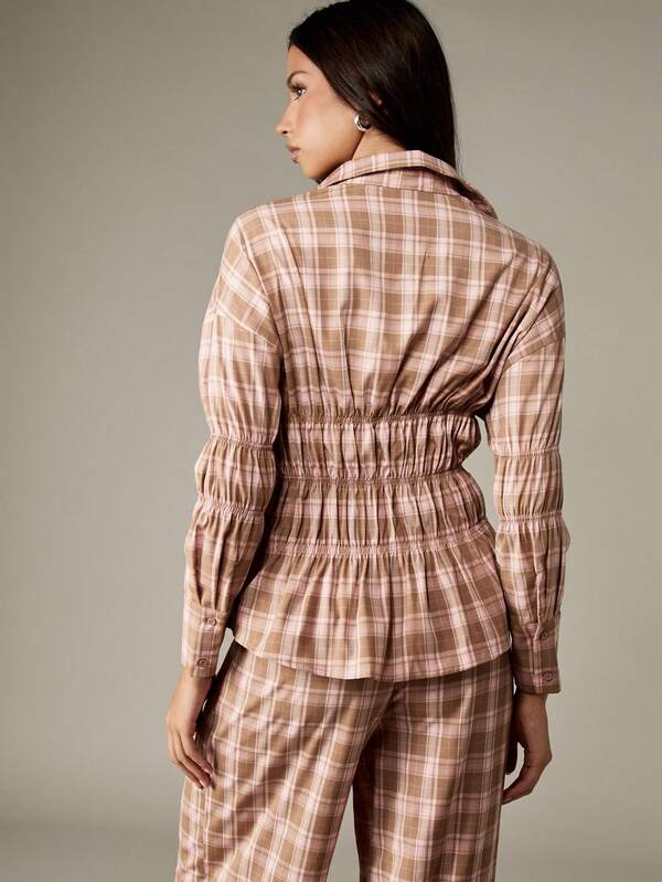 Missguided MISSGUIDED Plaid Shirred Waist Collared Blouse With Long Sleeves