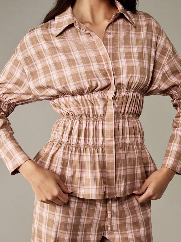 Missguided MISSGUIDED Plaid Shirred Waist Collared Blouse With Long Sleeves