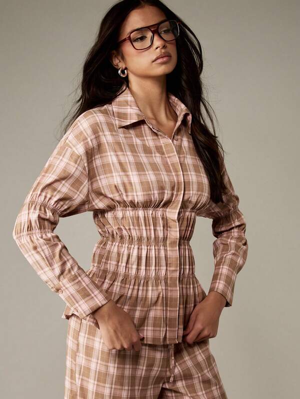 missguided MISSGUIDED Plaid Shirred Waist Collared Blouse With Long Sleeves