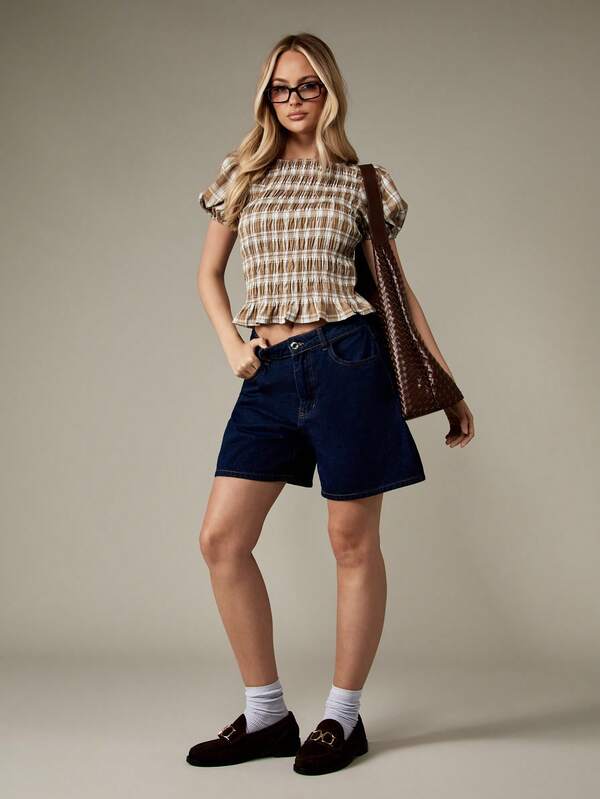 Missguided MISSGUIDED Plaid Smocked Crop Top With Puff Sleeves And Ruffle Hem
