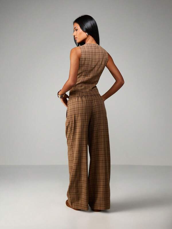 Missguided MISSGUIDED Plaid Vest With Palazzo Pants Set