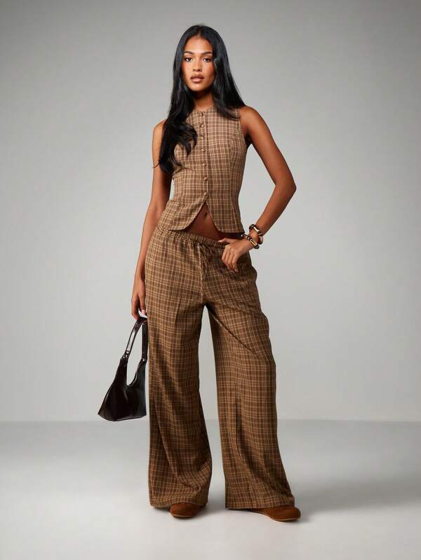 missguided MISSGUIDED Plaid Vest With Palazzo Pants Set