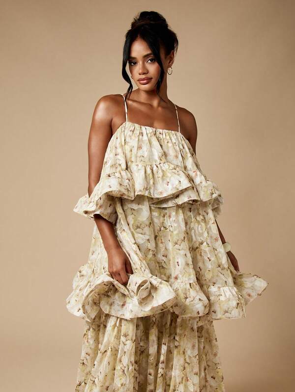 Missguided MISSGUIDED Pleated Flowy Chiffon Tiered Ruffle Maxi Dress Is Floor Length