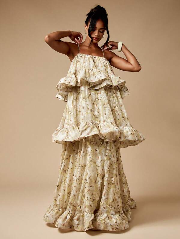 Missguided MISSGUIDED Pleated Flowy Chiffon Tiered Ruffle Maxi Dress Is Floor Length