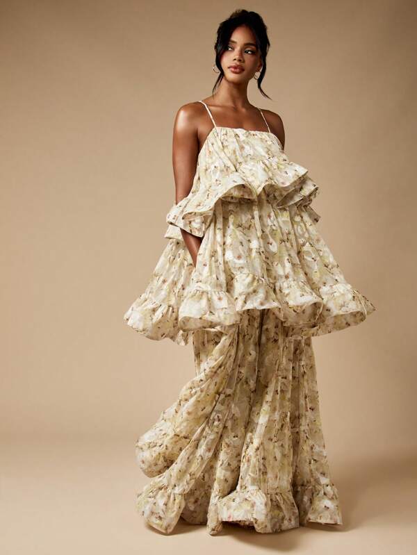 missguided MISSGUIDED Pleated Flowy Chiffon Tiered Ruffle Maxi Dress Is Floor Length