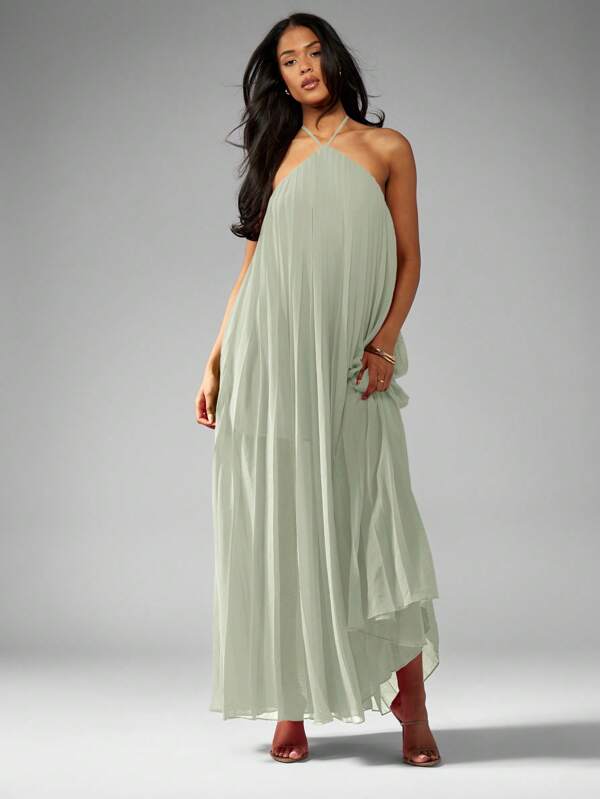 missguided MISSGUIDED Pleated Georgette Halter Floor Length Open Back Maxi Dress
