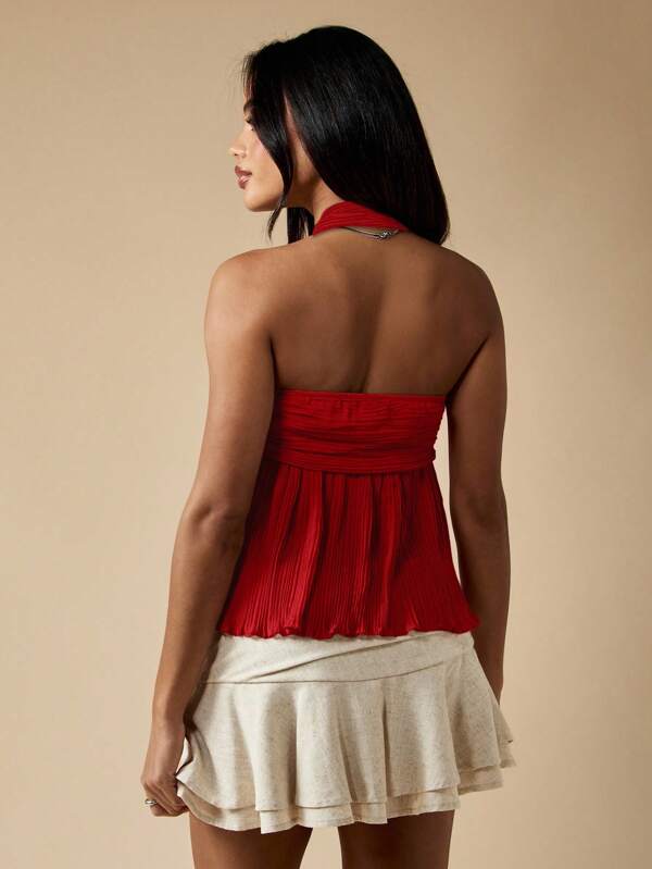 Missguided MISSGUIDED Pleated Halter Neck Empire Waist Babydoll Top