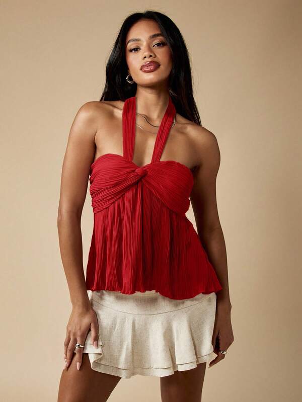 Missguided MISSGUIDED Pleated Halter Neck Empire Waist Babydoll Top